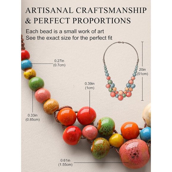 Chunky Boho Statement Necklace for Women - Handmade Colorful Ceramic Beaded Hipp - Picture 5 of 6